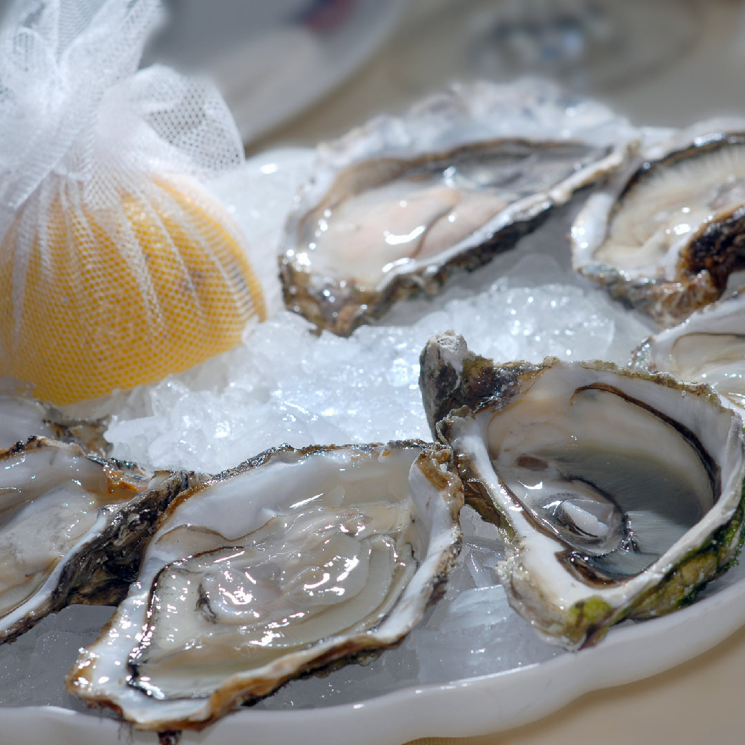 Five oysters on the half shell topped with mignonette, jalapeño salsa, mango relish, herb aioli, and garlic butter on a bed of ice