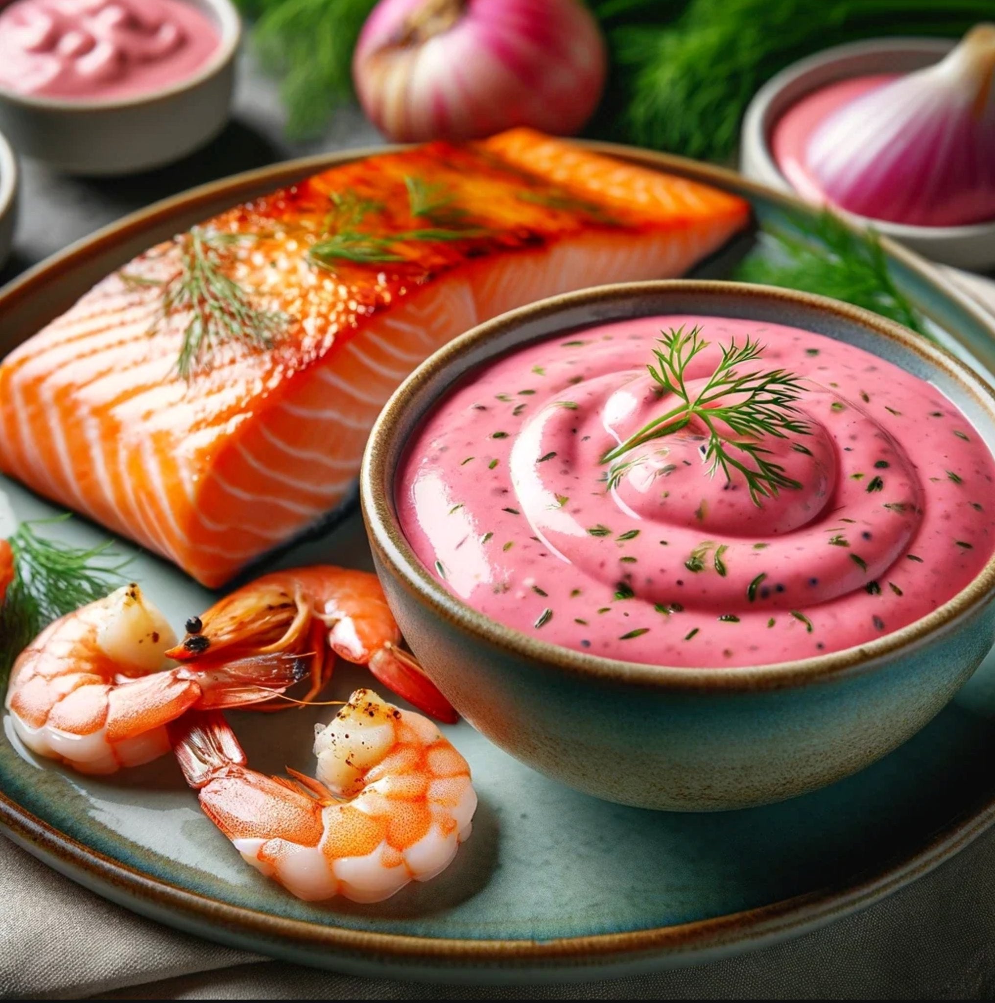 bowl of vibrant pink Hollandaise sauce, made with olive oil, next to a plate of grilled salmon, shrimp, and fresh herbs, showcasing the rich, creamy texture and unique color of the sauce