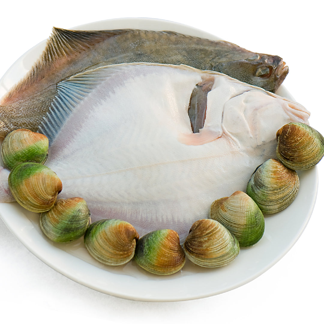 A beautifully pan-seared Petrale Sole fillet served with lemon wedges and fresh herbs on a white plate