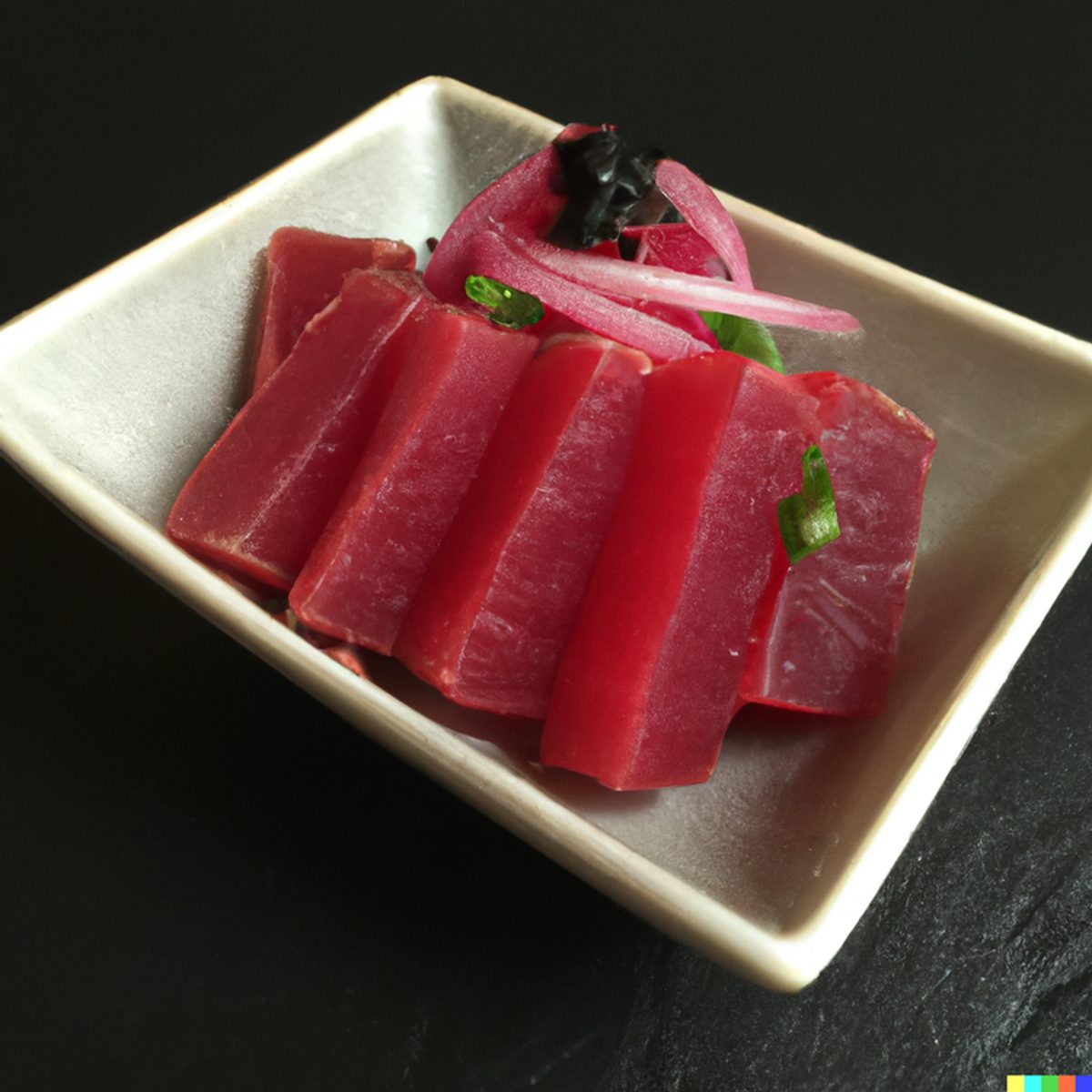 Sliced raw yellowfin ahi tuna prepared for sashimi with soy sauce, wasabi and pickled ginger
