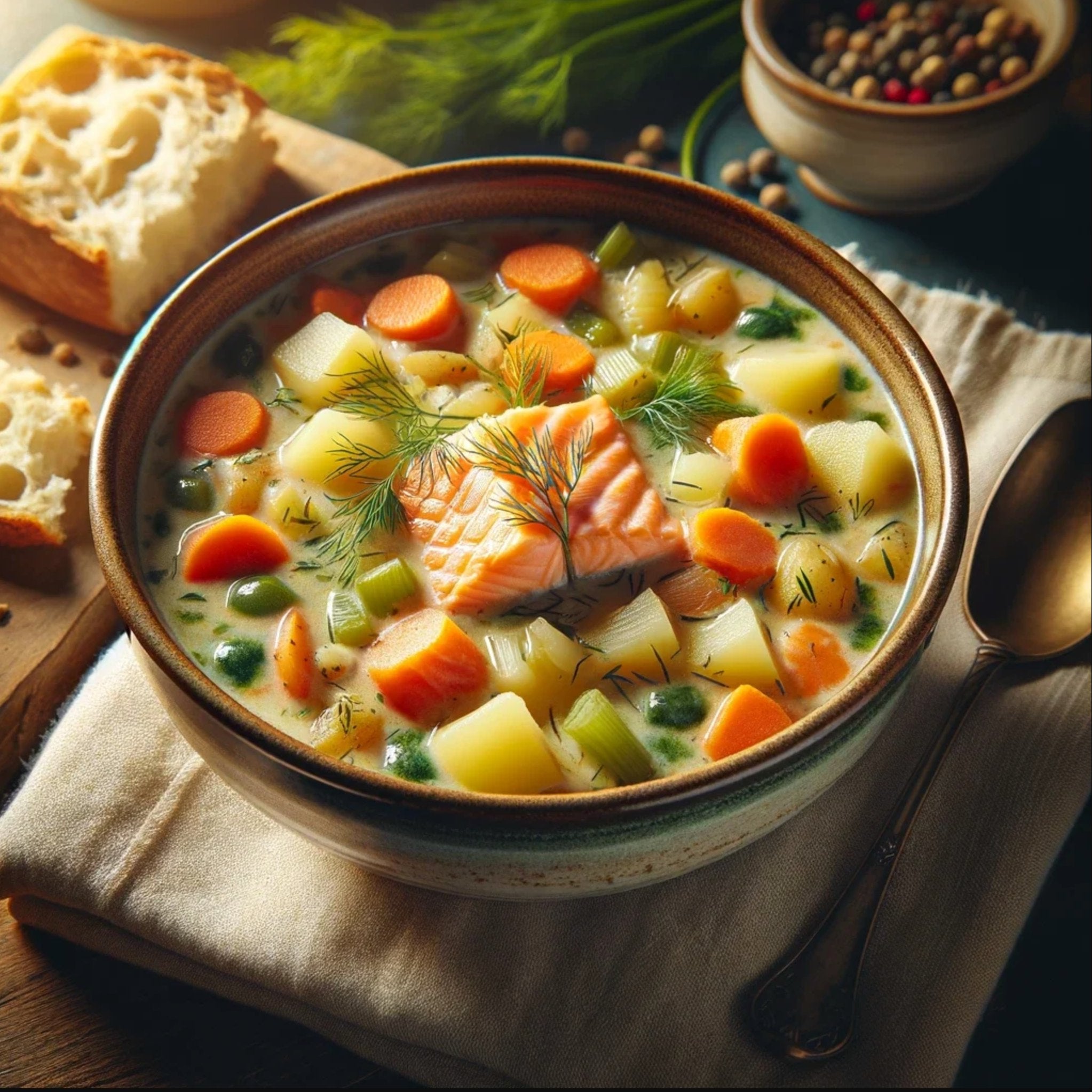 bowl of creamy Salmon Chowder, filled with chunks of tender salmon, diced vegetables, and a rich, creamy broth, garnished with fresh herbs, and served with a side of crusty bread, embodying a homely and appetizing meal