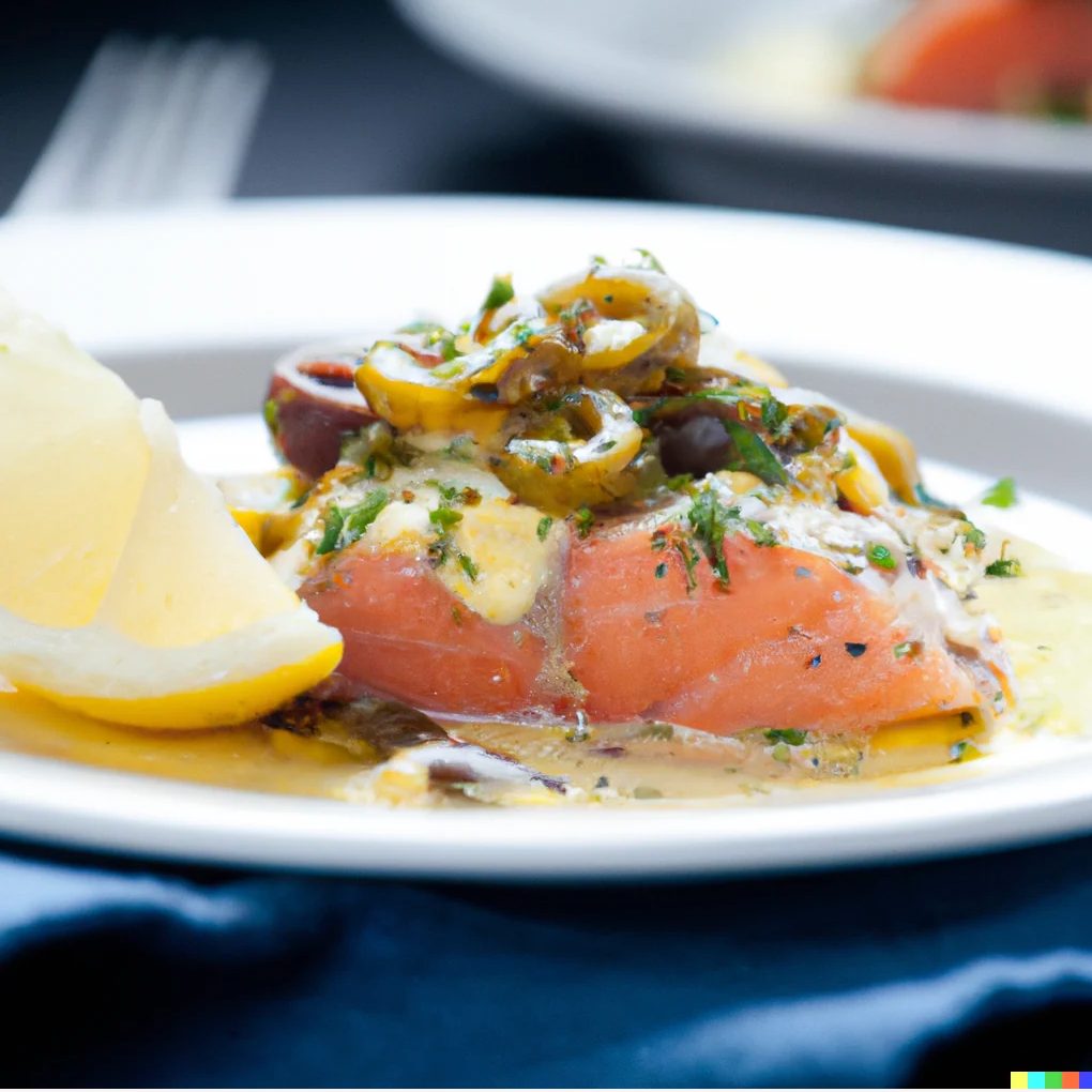 Pan-seared salmon piccata with lemon slices, capers, and fresh parsley