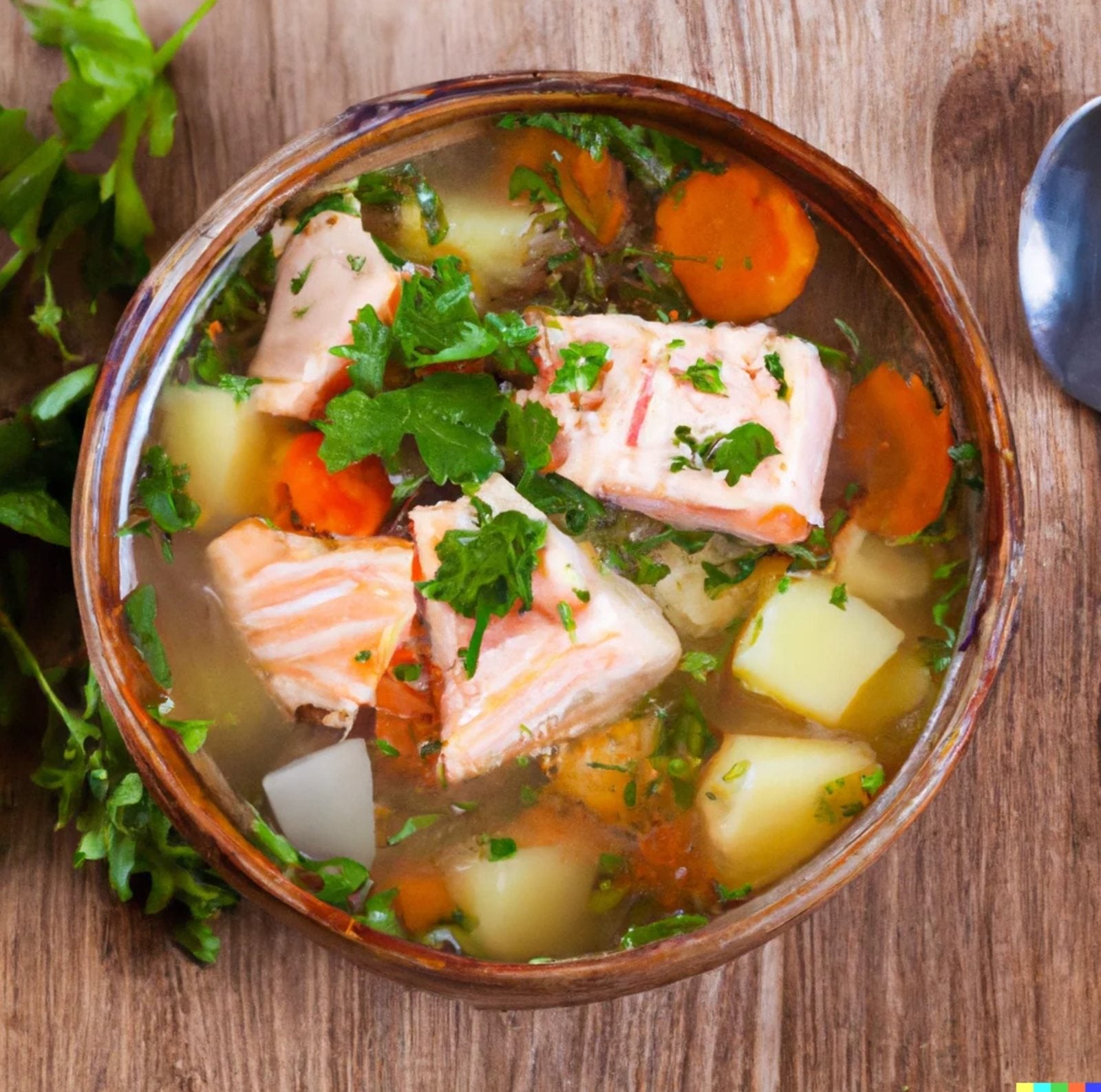 Salmon soup with vegetables and fresh herbs