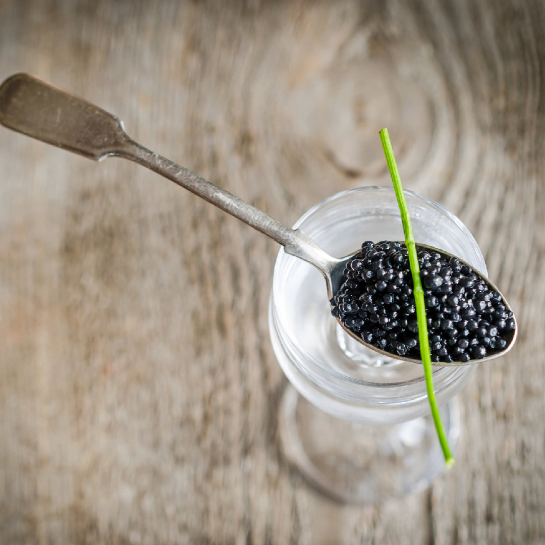 Close-up of premium sturgeon caviar rich in omega-3s and antioxidants served on a mother-of-pearl spoon