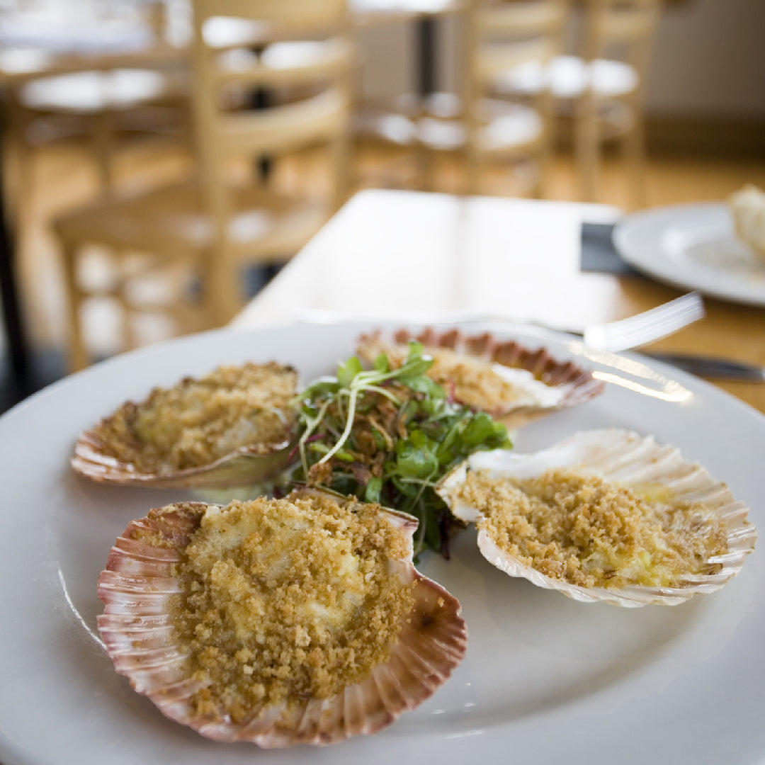 Fresh live scallops in shells on ice at a seafood market ready for purchase