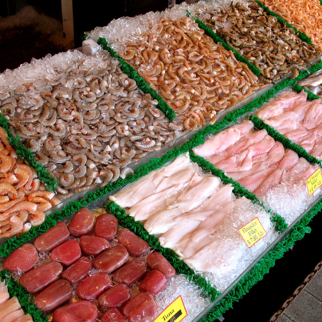Colorful seafood dishes including shrimp scampi, grilled salmon, and seafood paella arranged for a meal