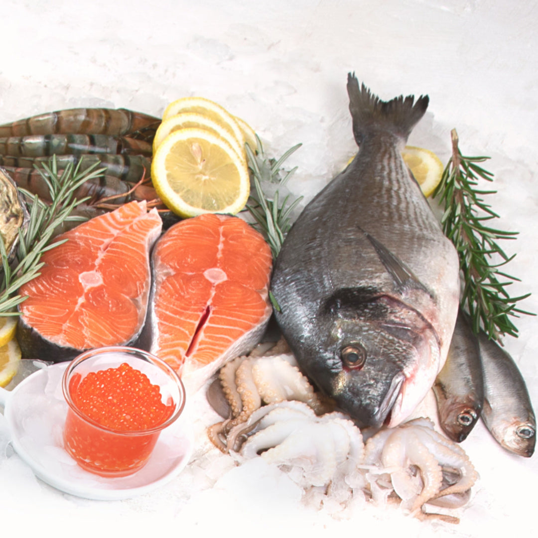 Elegant seafood gift card presentation with king crab, caviar, and premium fish fillets in the background