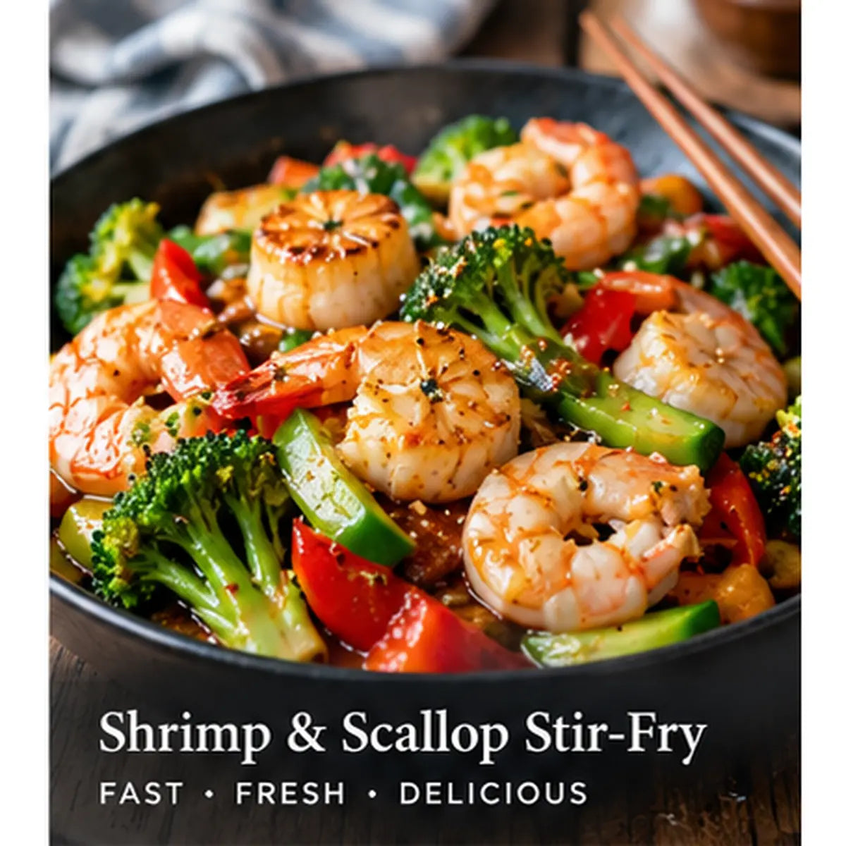 Shrimp and scallop stir-fry with broccoli and bell peppers