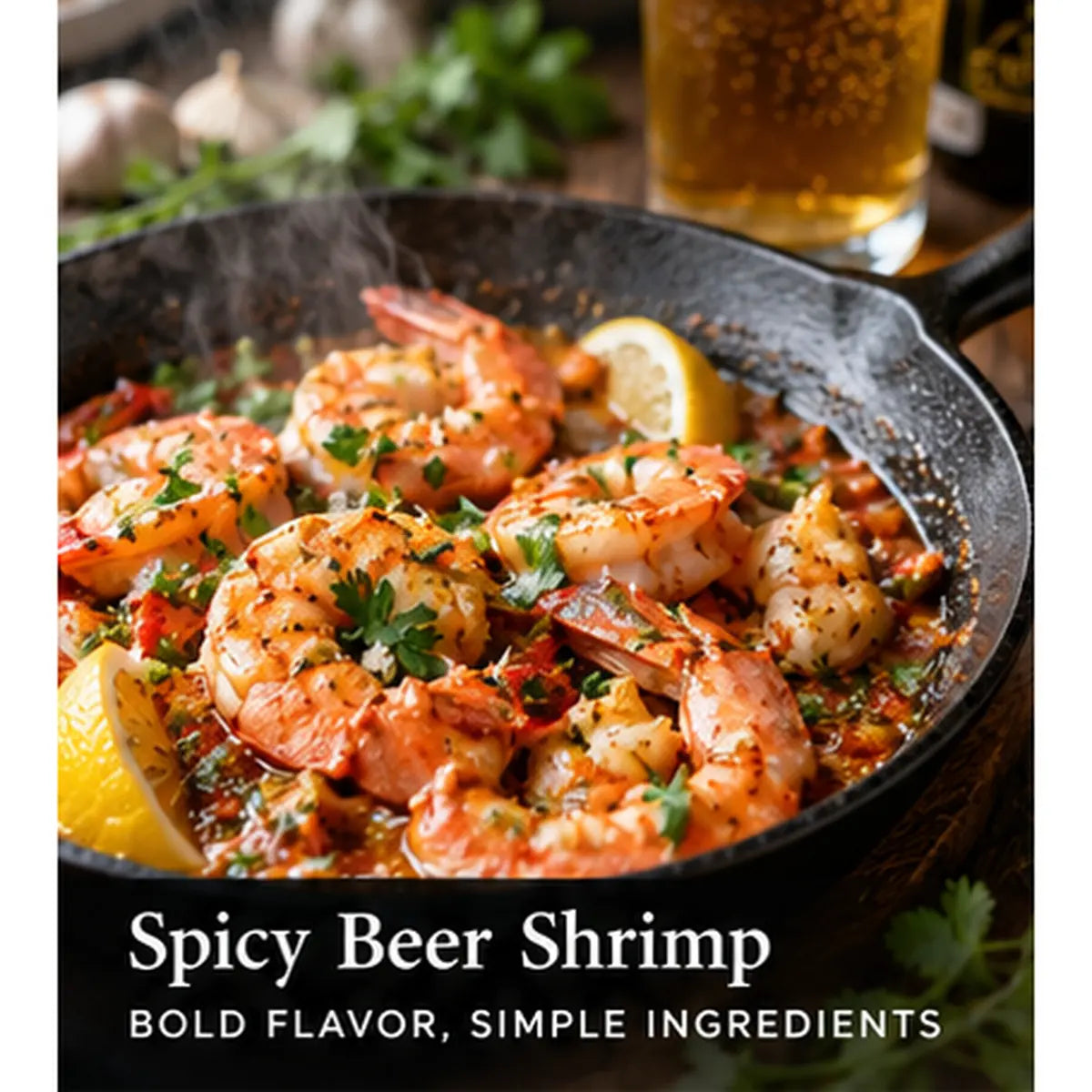 Spicy beer shrimp with garlic, chili and lemon