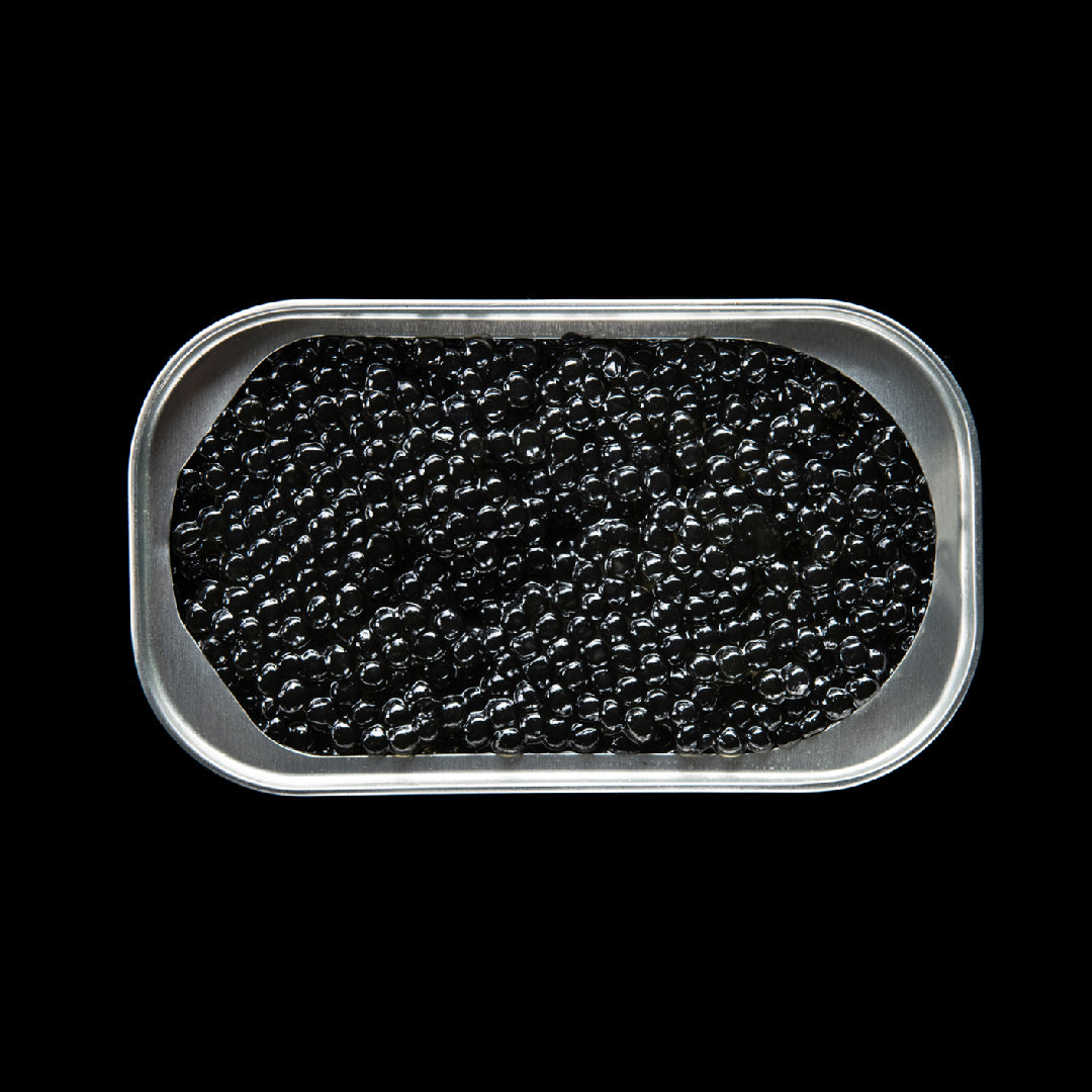 Assorted international sturgeon caviar dishes including Russian blinis, Japanese sushi rolls, and French tartlets on an elegant table
