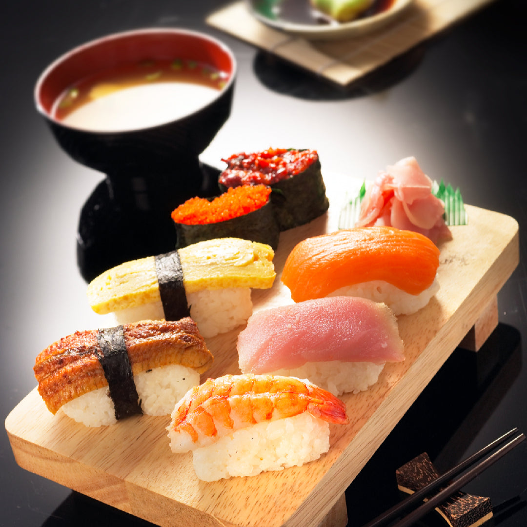 Fresh sushi platter with nigiri and rolls at a top Honolulu sushi restaurant