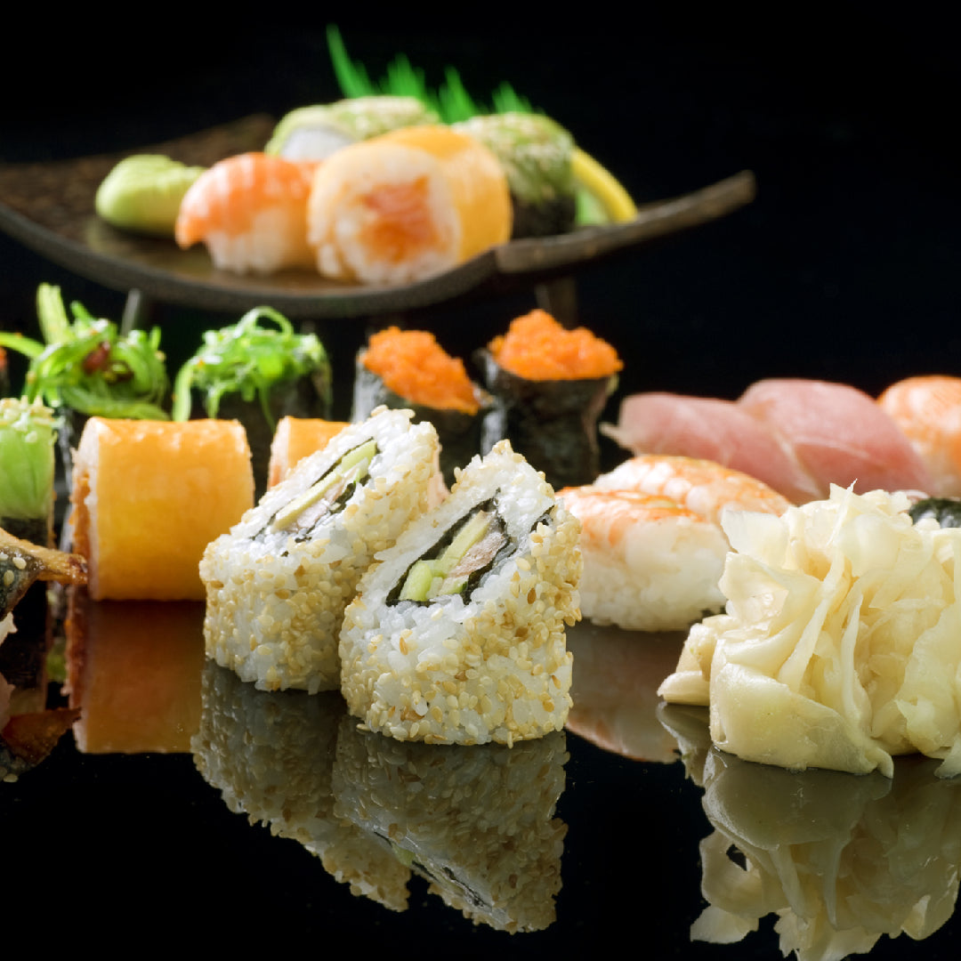 Fresh sushi platter with nigiri and rolls at a Seattle sushi restaurant