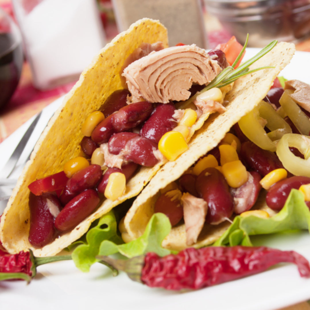 Homemade Tuna Tacos with sushi-grade Ahi tuna, avocado, and spicy mayo