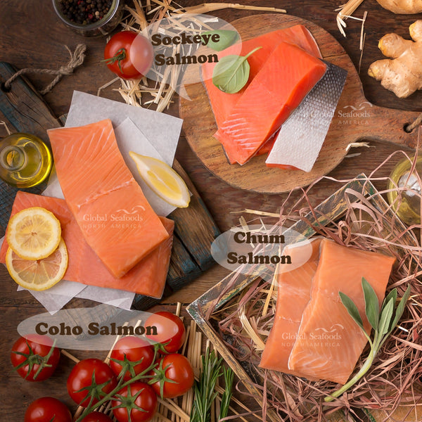 A diverse array of salmon varieties, including Sockeye and King, displayed on ice, showcasing the rich colors and quality of Global Seafoods' premium salmon fish collection