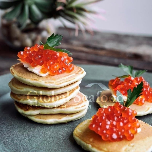 Red caviar and salmon roe with bright orange ikura pearls