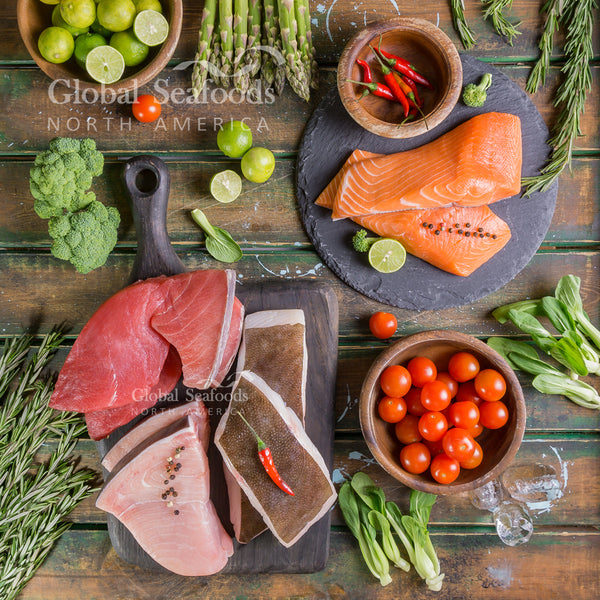 Fresh halibut, tuna, salmon, and swordfish from Global Seafoods fresh seafood market
