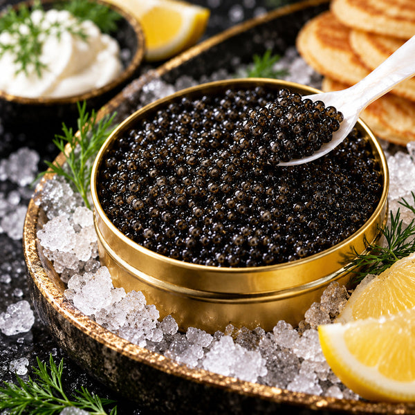 Premium black sturgeon caviar served on ice with a mother-of-pearl spoon