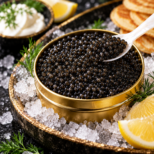 Premium black sturgeon caviar served on ice with a mother-of-pearl spoon