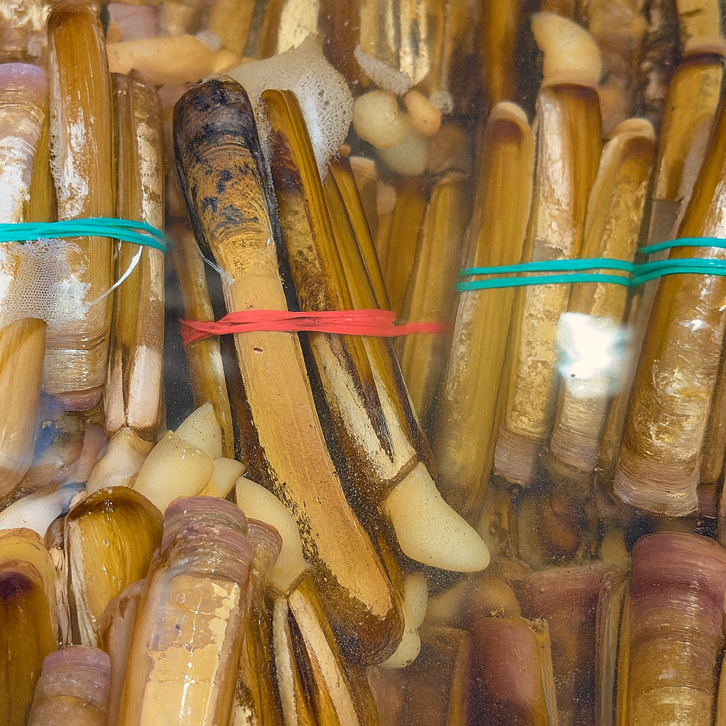 Bundles of razor clams tied with colorful string on a glass surface