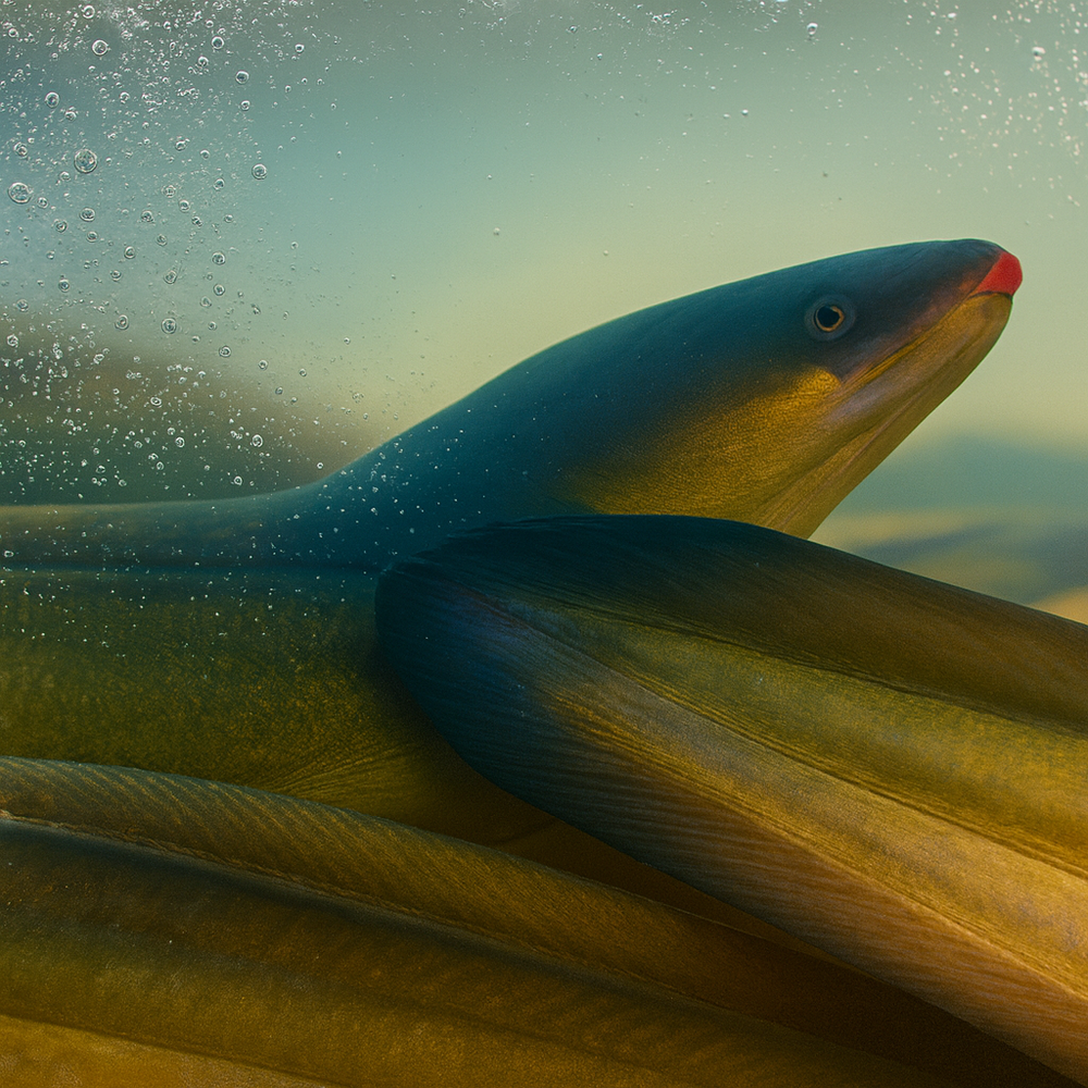 Close-up of a fish underwater with a gradient green and blue background