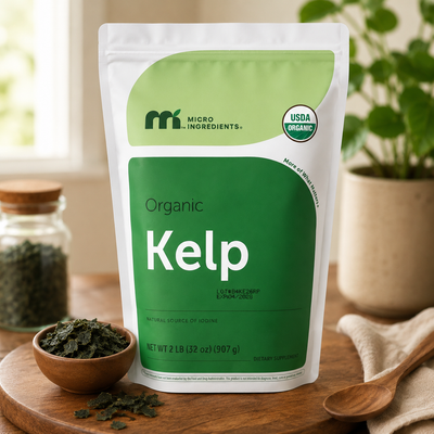 USDA organic kelp seaweed powder in a resealable bag