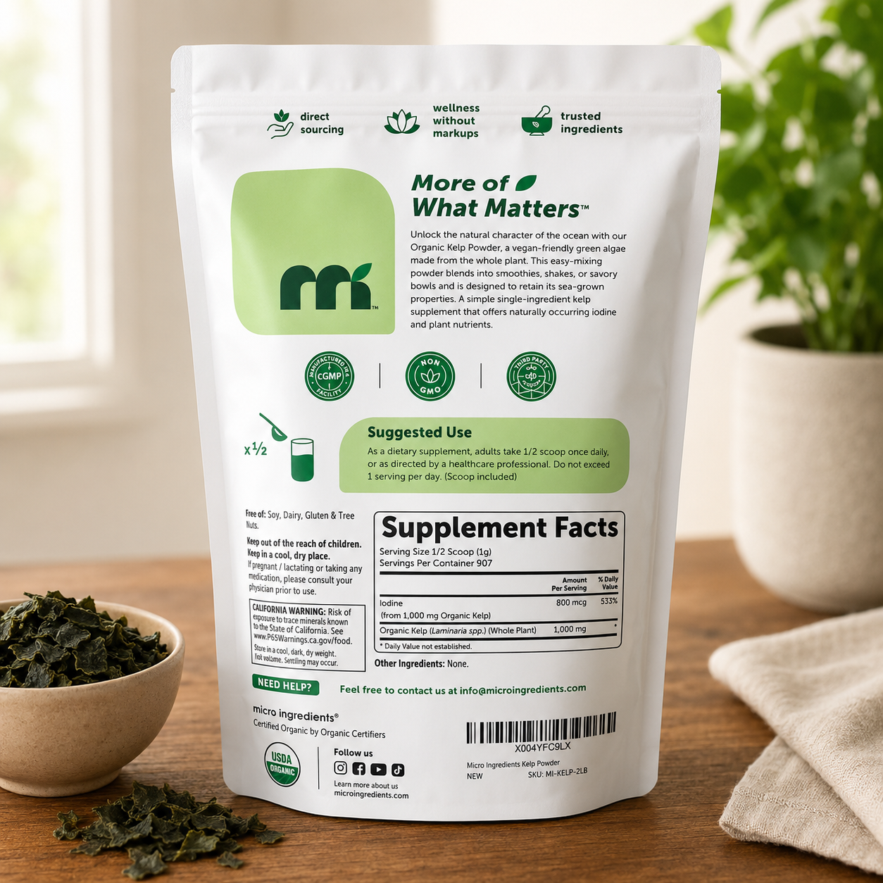 Kelp seaweed powder scoop with green powder close-up"