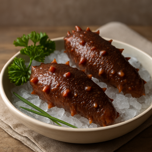 Live brown sea cucumber resting on a smooth surface, showing its natural texture and tubular shape
