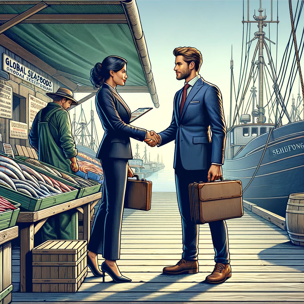 Two people shaking hands at Global Seafoods Marketplace, symbolizing a professional meeting between seafood buyer and wholesaler