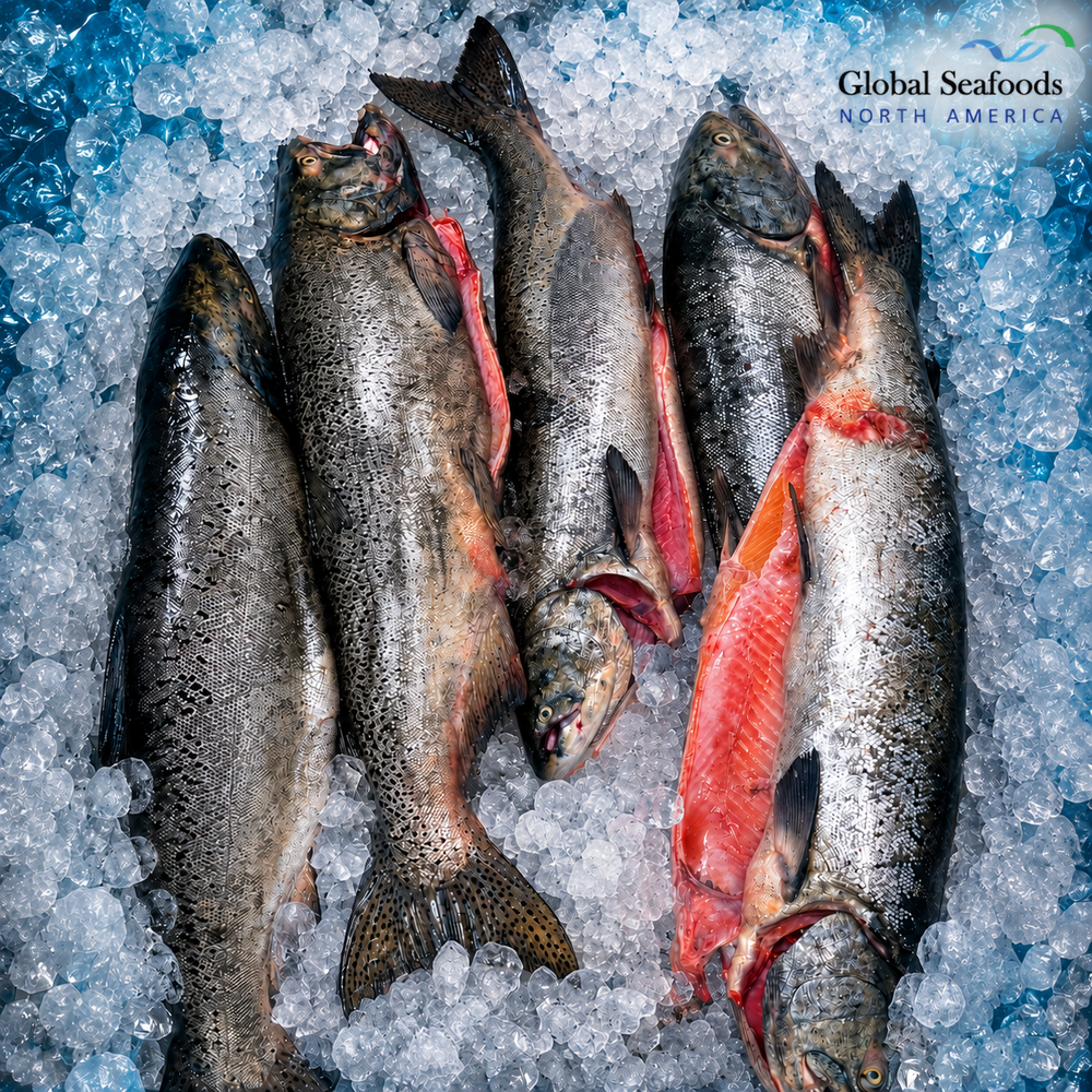 Fresh whole King Salmon (Chinook) head-on and gutted, wild-caught from Alaska or Washington, displaying rich coral-red flesh and premium whole-fish condition