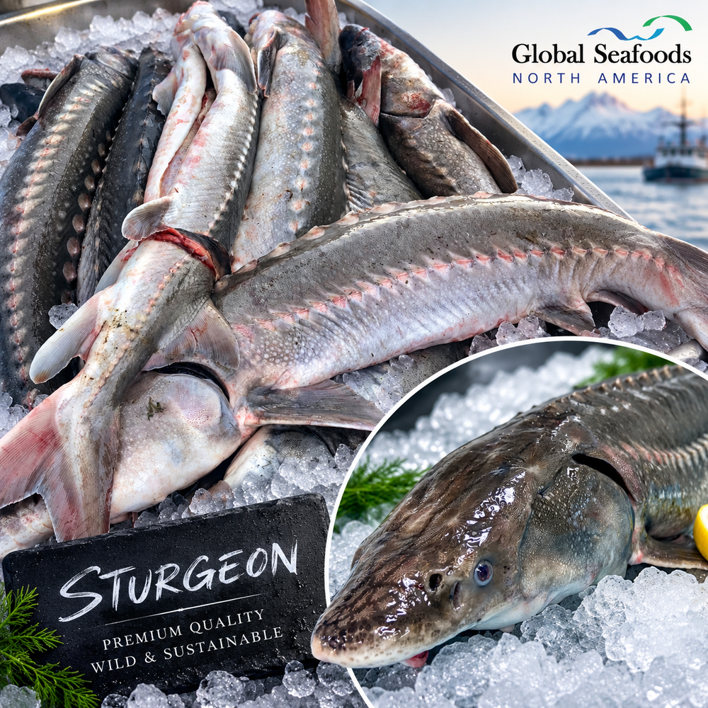 Fresh whole sturgeons from the Columbia River placed in blue totes, showcasing wild-caught quality and silver-scaled appearance