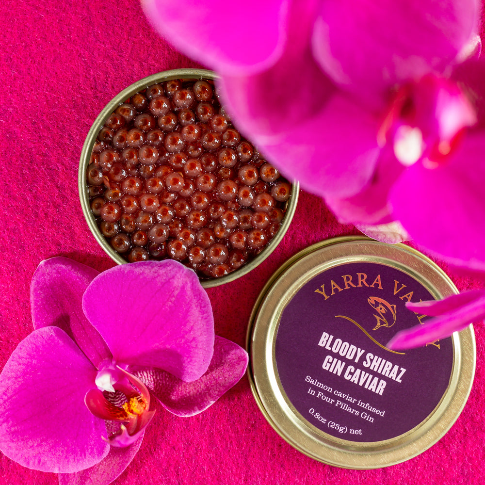 Open tin of Bloody Shiraz gin-infused salmon roe with its labeled lid and pink orchids on a bright pink background