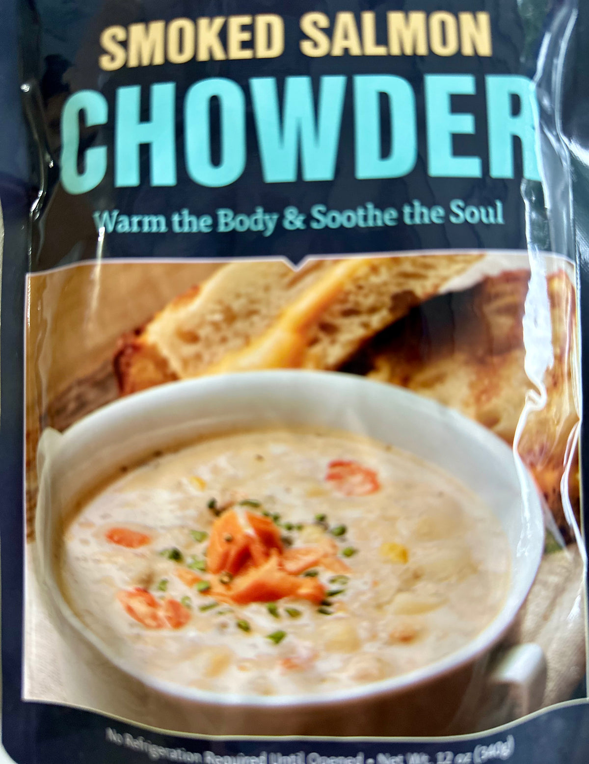 Smoked Salmon Chowder packaging with soup and crackers