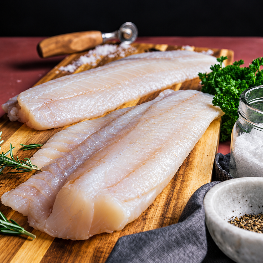 Raw skinless Alaskan pollock fillets on a wooden cutting board beside herbs, a jar of salt and a bowl of pepper.