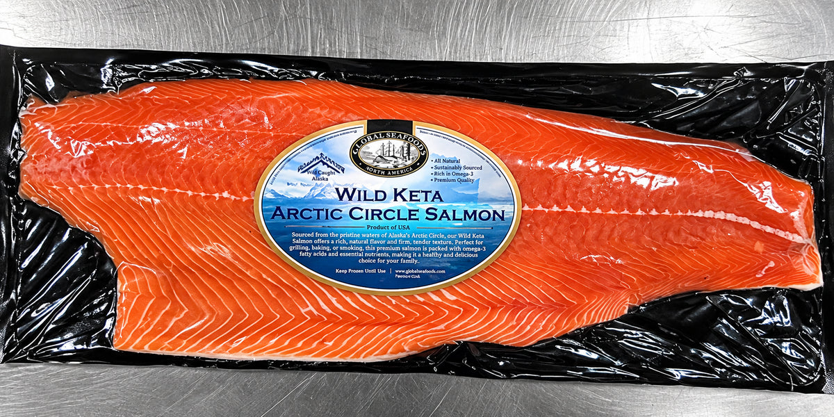 One vacuum-packed Arctic Kotzebue keta salmon fillet with an Arctic Circle Salmon label