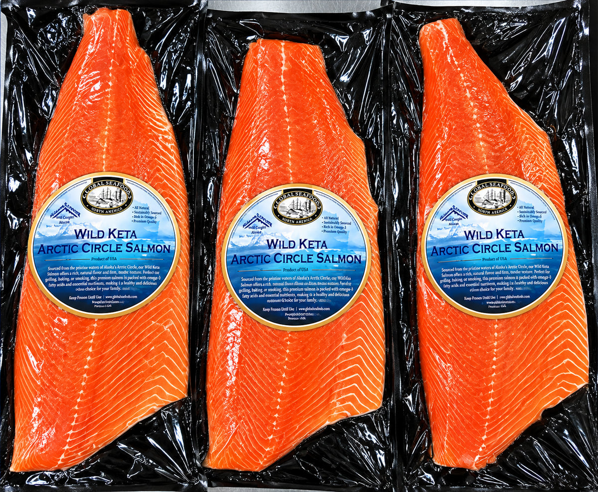 Three vacuum-packed Arctic Kotzebue keta salmon fillets with product labels
