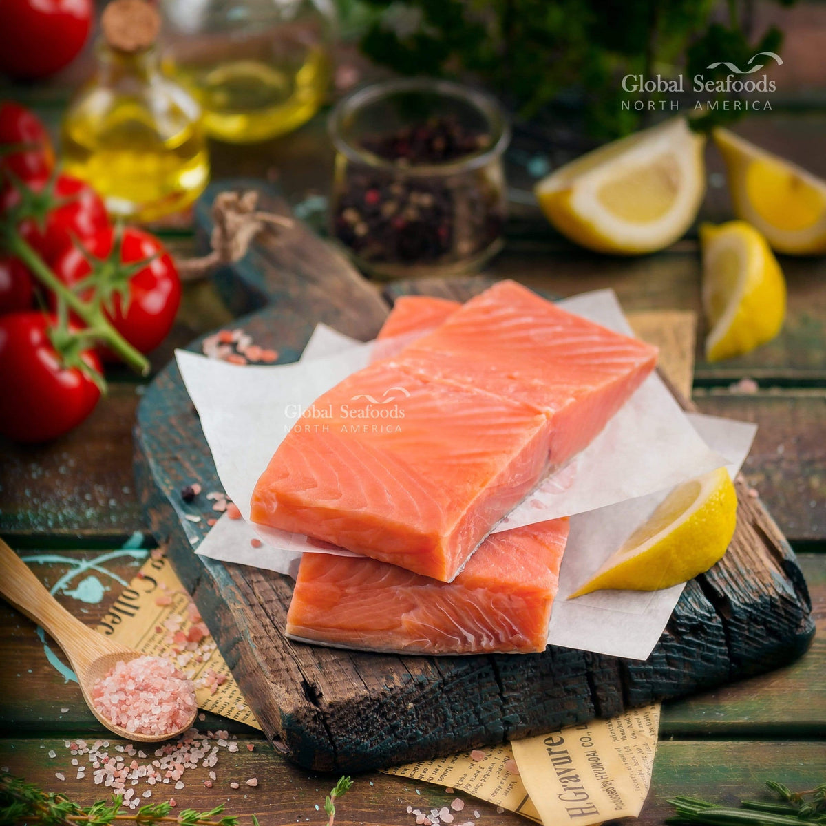 Two coho salmon portions stacked with parchment on a wooden board