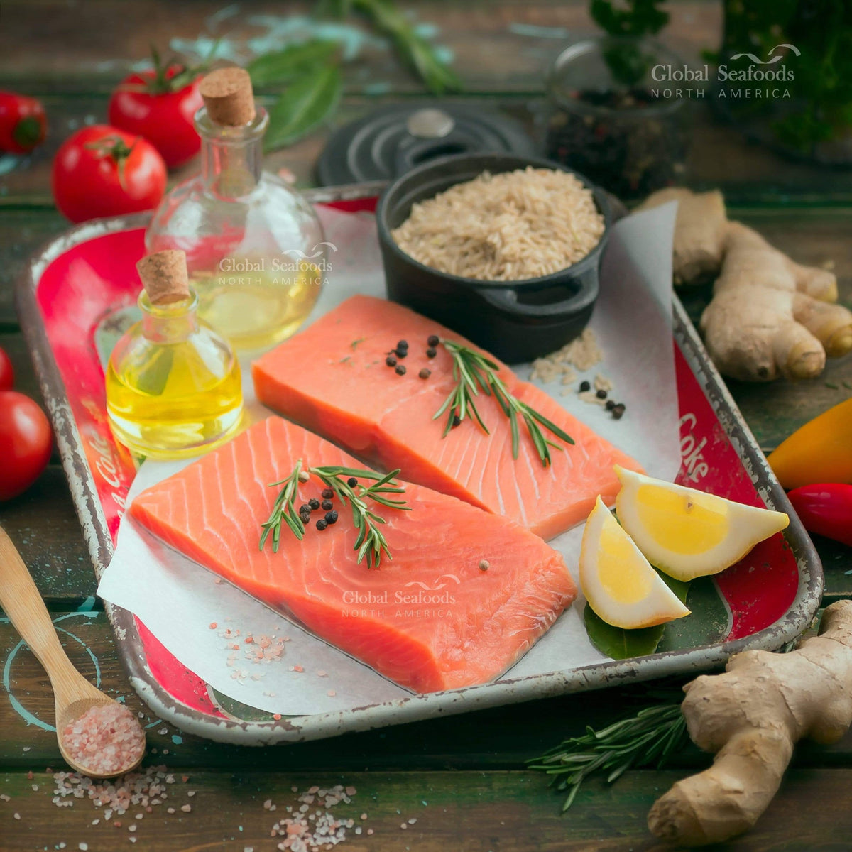 Two coho salmon portions on a metal tray with rosemary and lemon