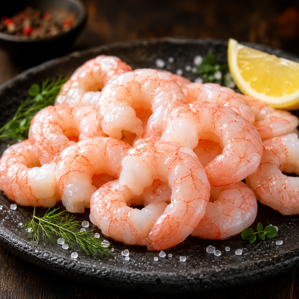 Peeled cooked shrimp with lemon and herbs
