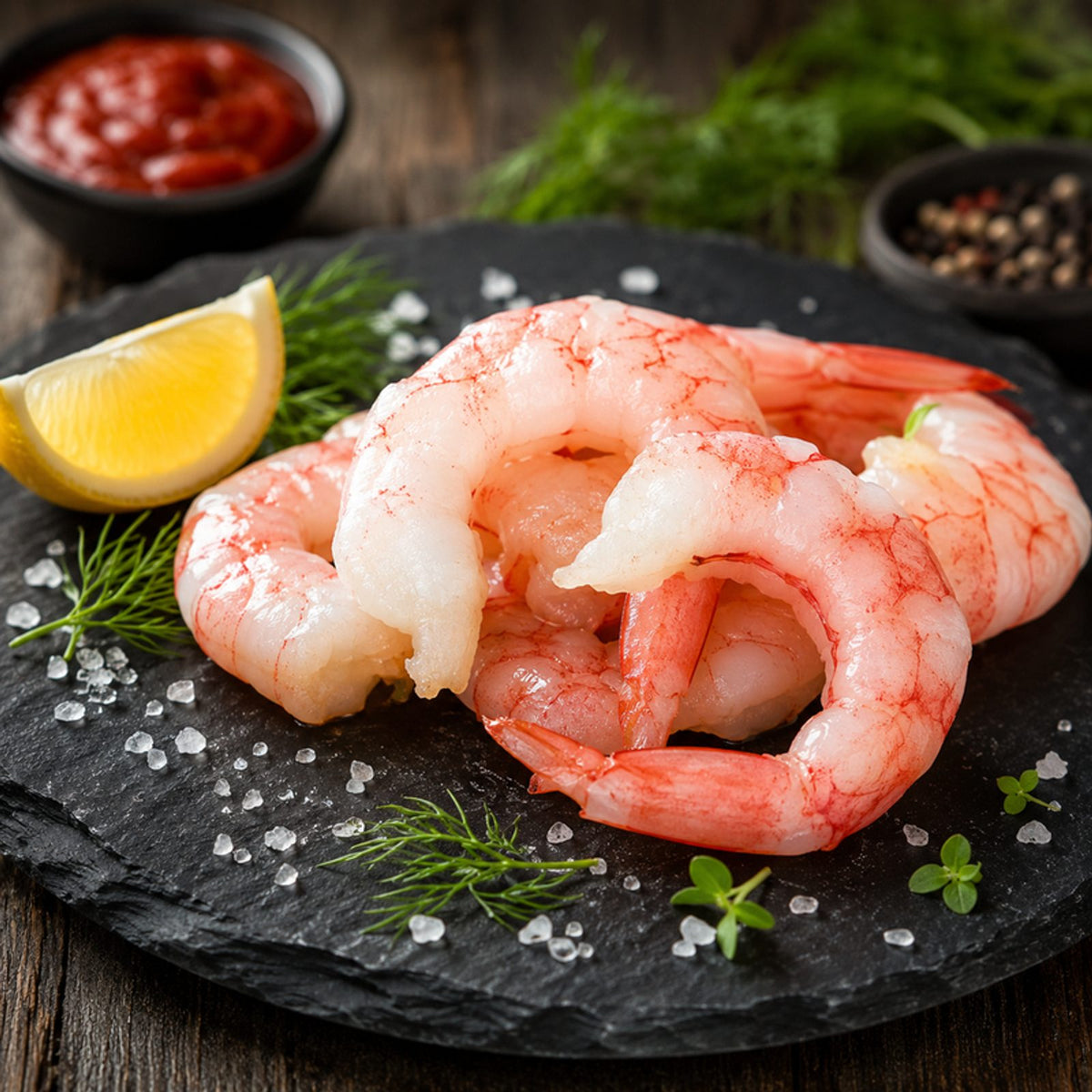Peeled cooked shrimp displayed on a dark board