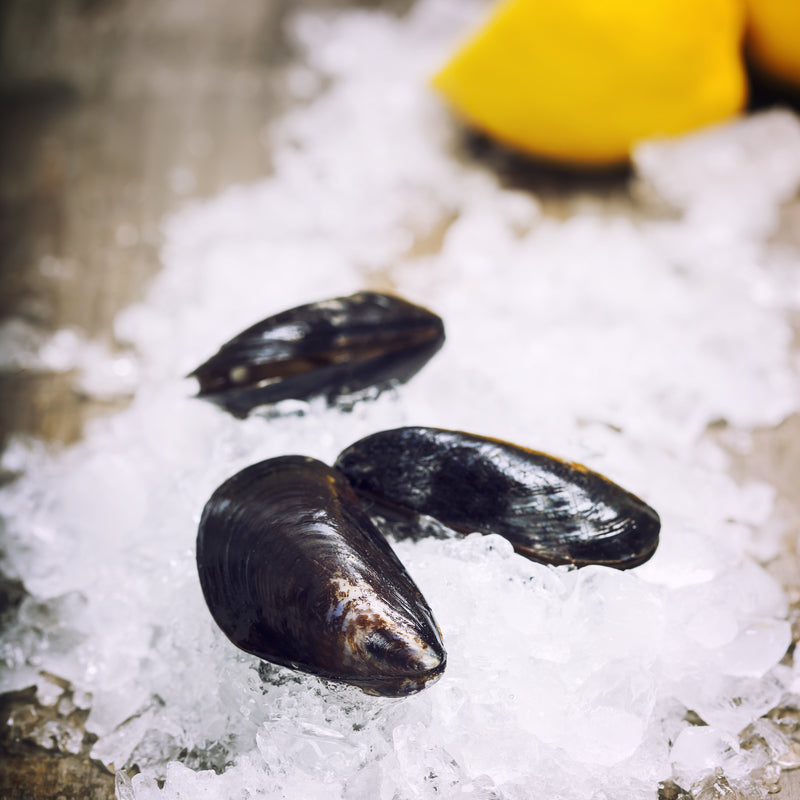 Dark-shelled mussels with lemon in the background