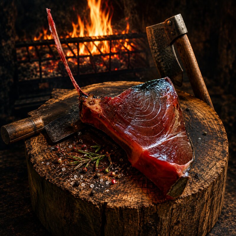 Dry-aged bluefin tuna tomahawk on a wooden chopping block