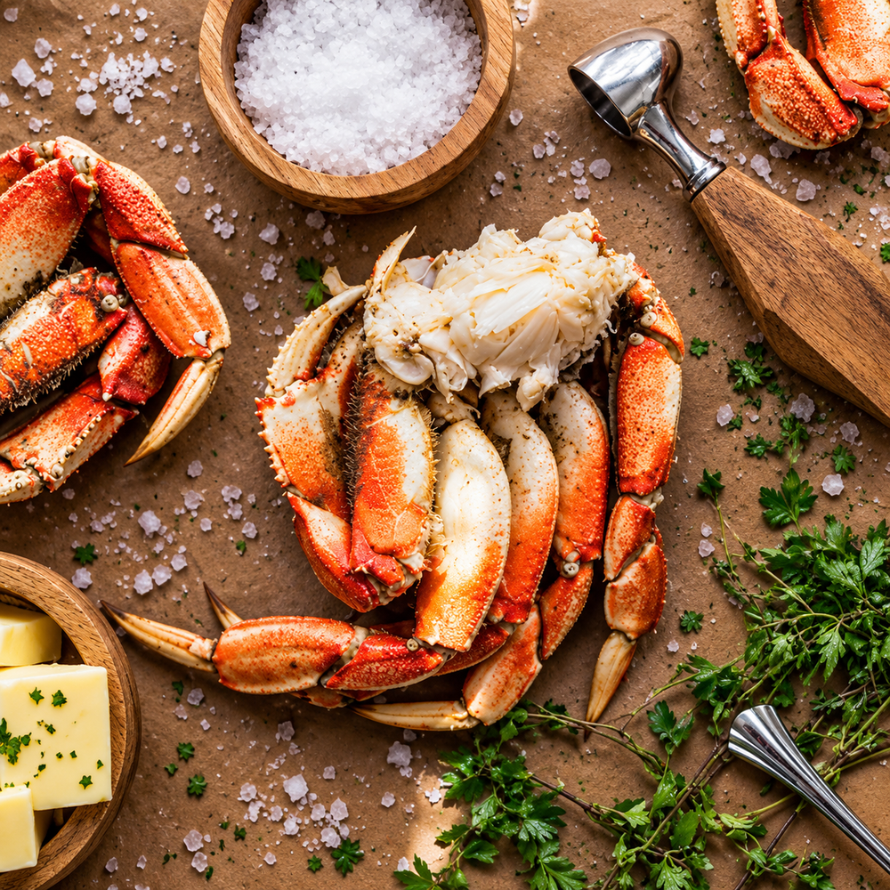 Dungeness crab clusters beside coarse salt