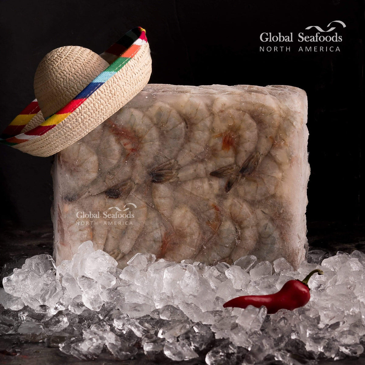 Frozen block of peeled shrimp on ice
