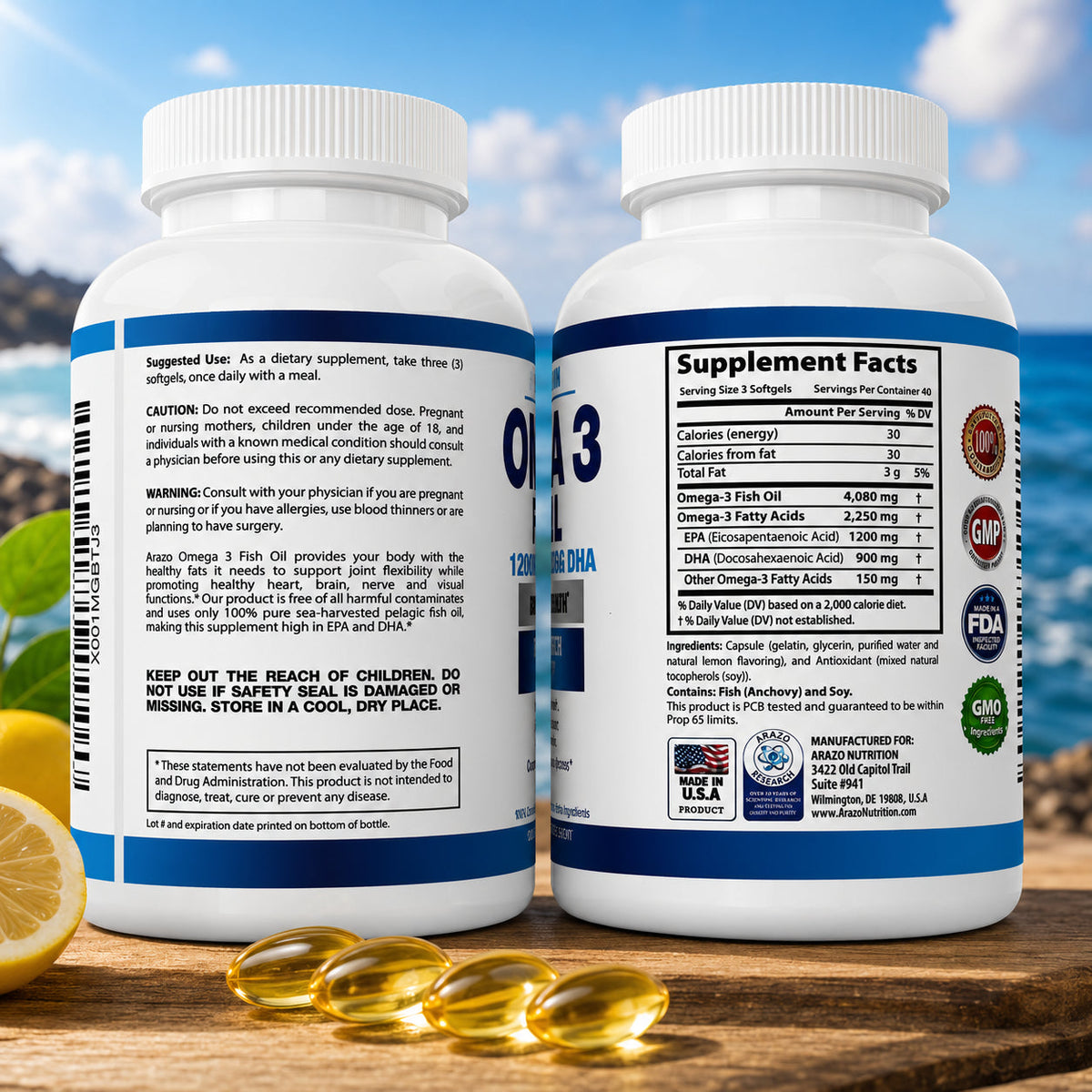 Arazo Nutrition Omega-3 Fish Oil bottles with back label and Supplement Facts