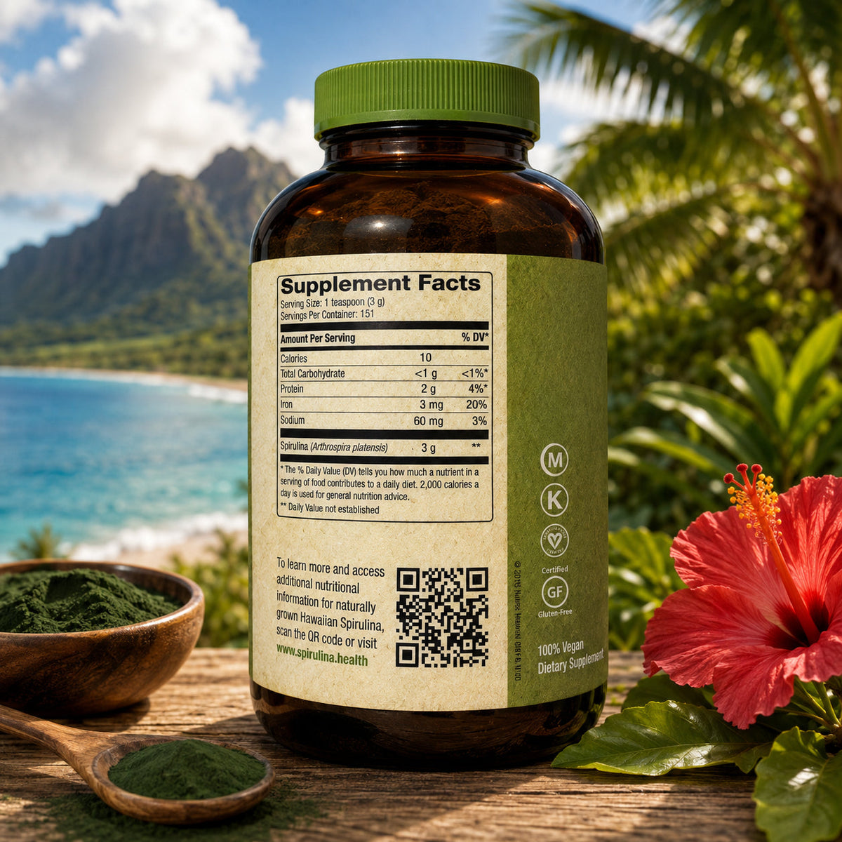Pure Hawaiian Spirulina bottle, Supplement Facts panel