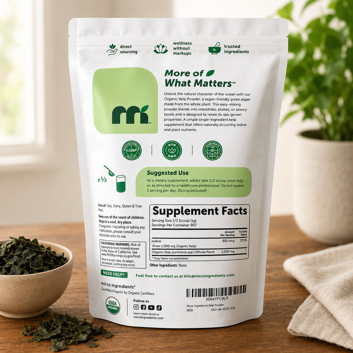 Kelp powder pouch, back label and Supplement Facts