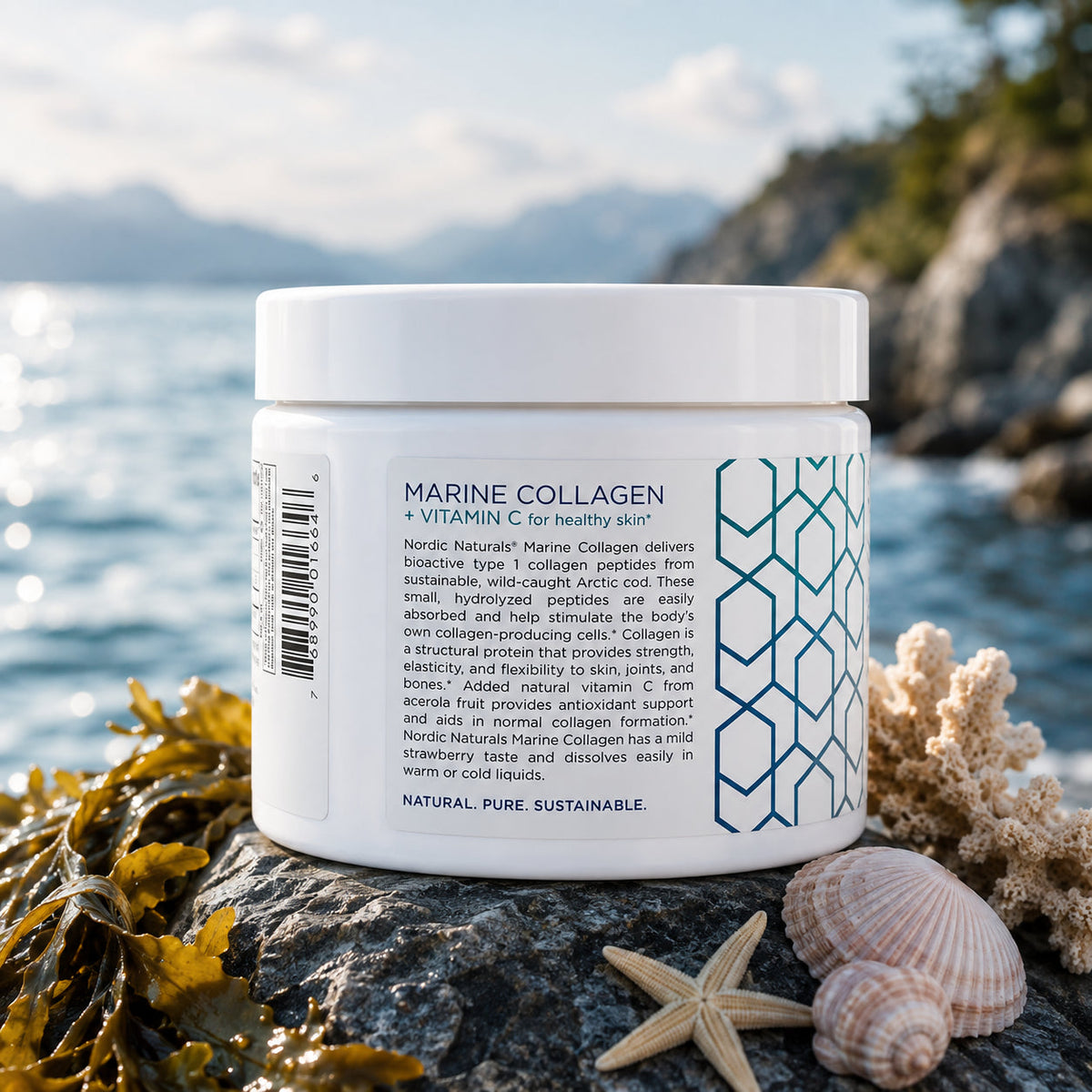 Marine collagen powder container, back label