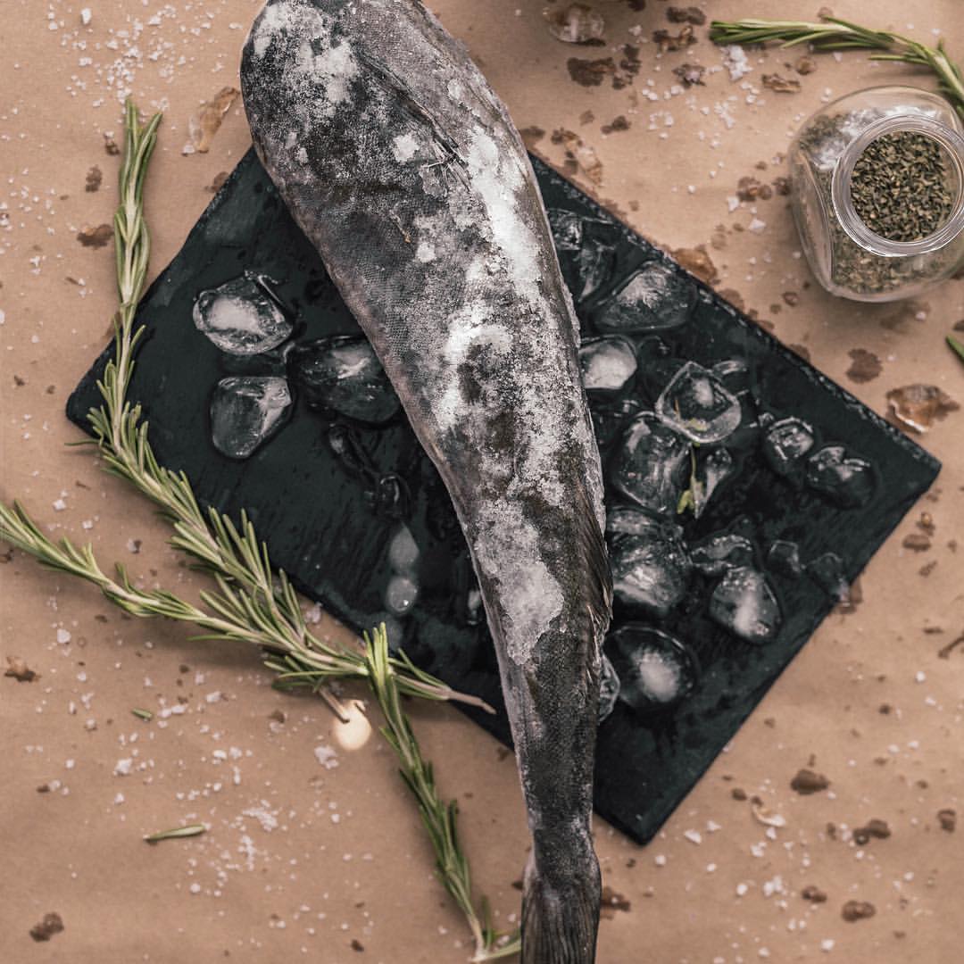 Frozen headless sablefish on a dark board with ice.