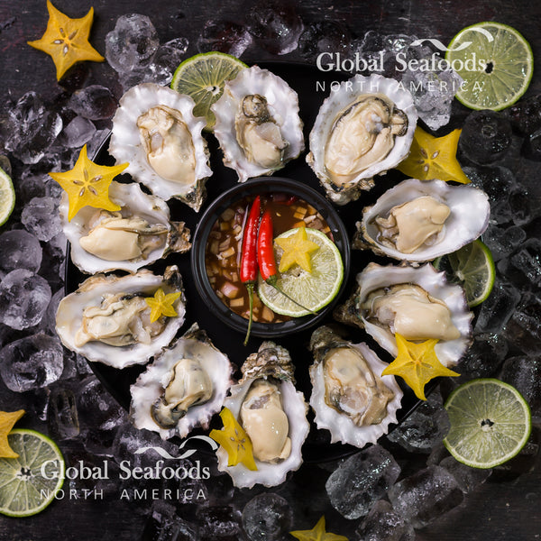 Opened oysters on a black plate with ice and chili sauce