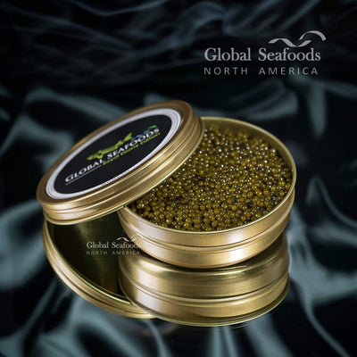 Open can of Kaluga caviar with perfectly round, glossy eggs, set against a dark background to emphasize its luxury and rich texture